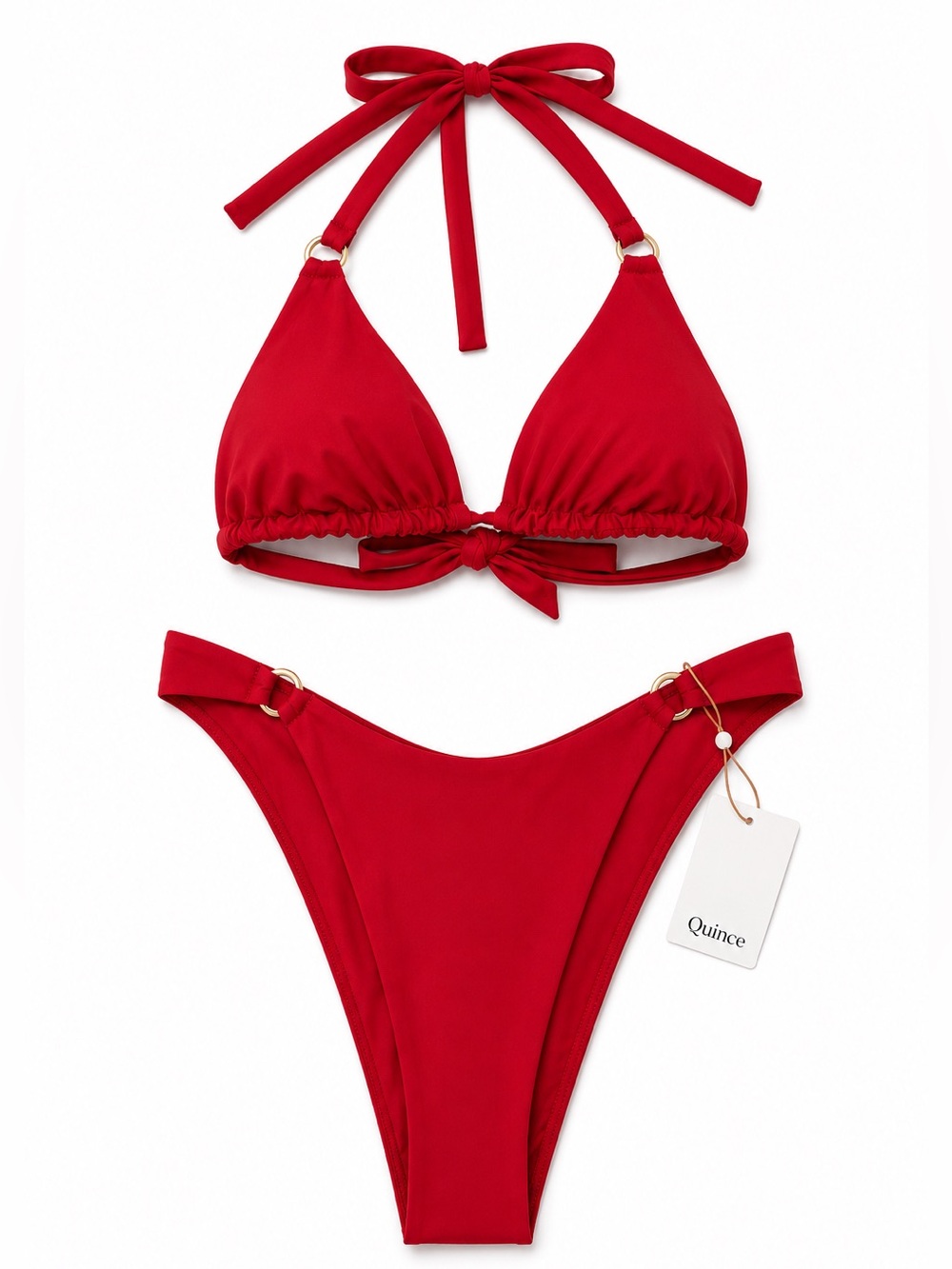 Quince NWT Bikini Set Full Coverage Ring Triangle Top High-Leg Ring Bottom Red M
